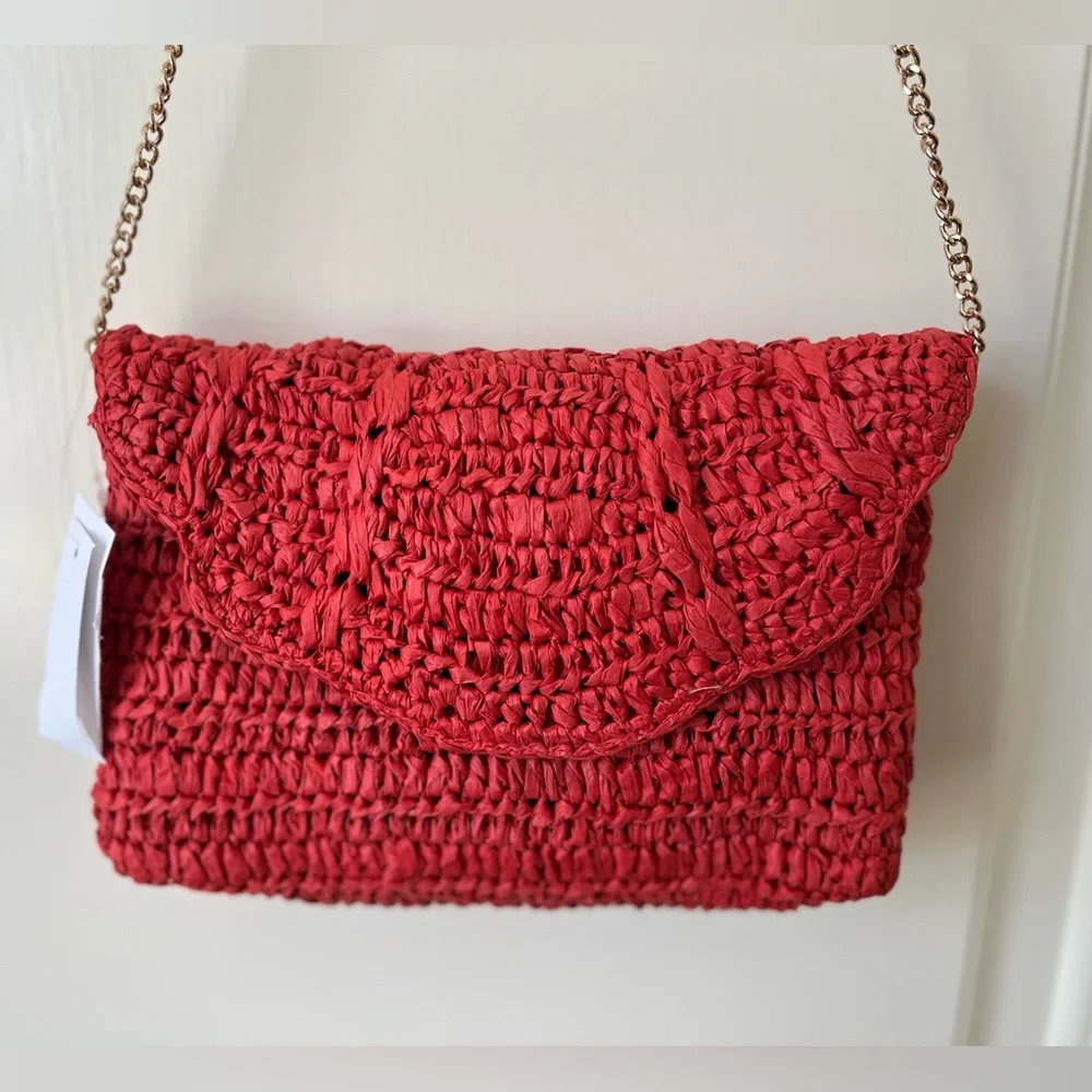 J. Crew Red Woven Scalloped Clutch with Chain - Picture 5 of 9